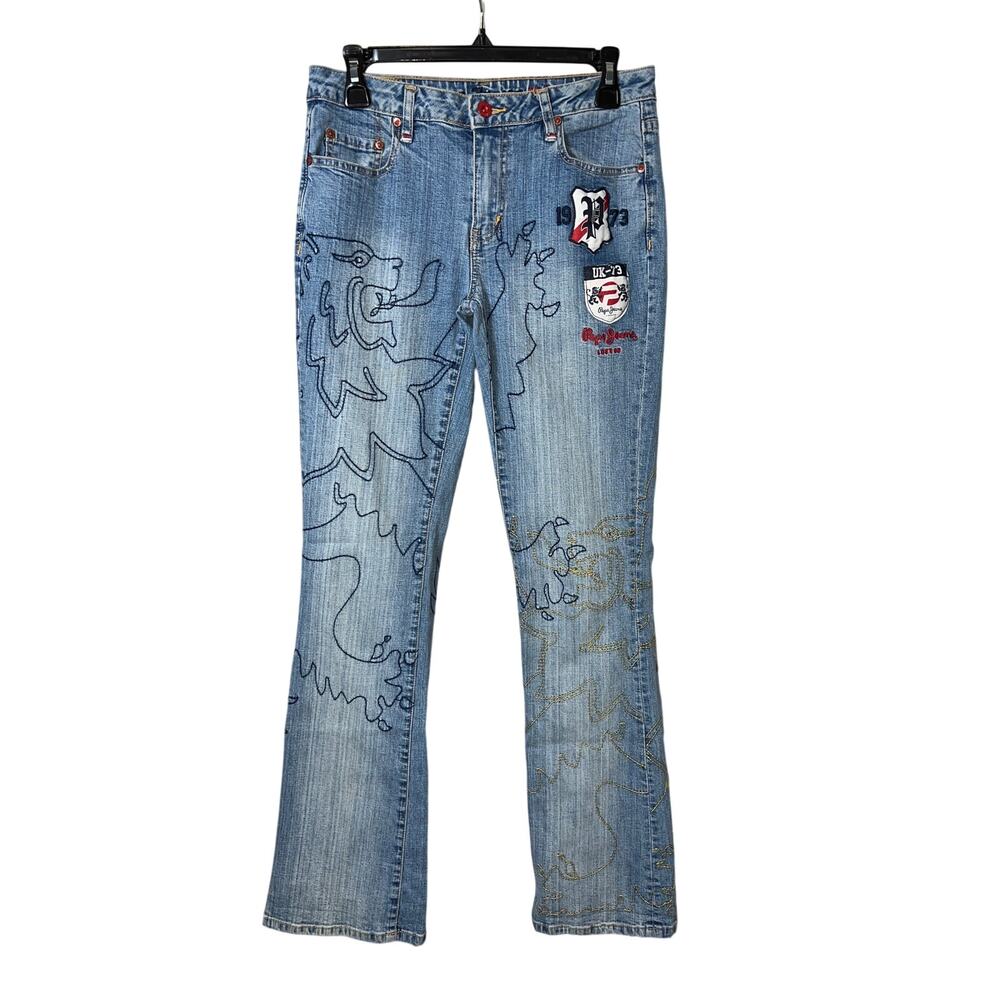 023 Pepe Jeans London Embroidered Denim Jeans‎ Y2K Graphic Straight Leg Size 29
